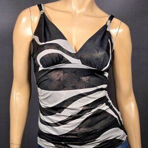 Y2K McBling Black Gray Tank Top Gold Glitter Swirl Print Size M Ruched V Neck